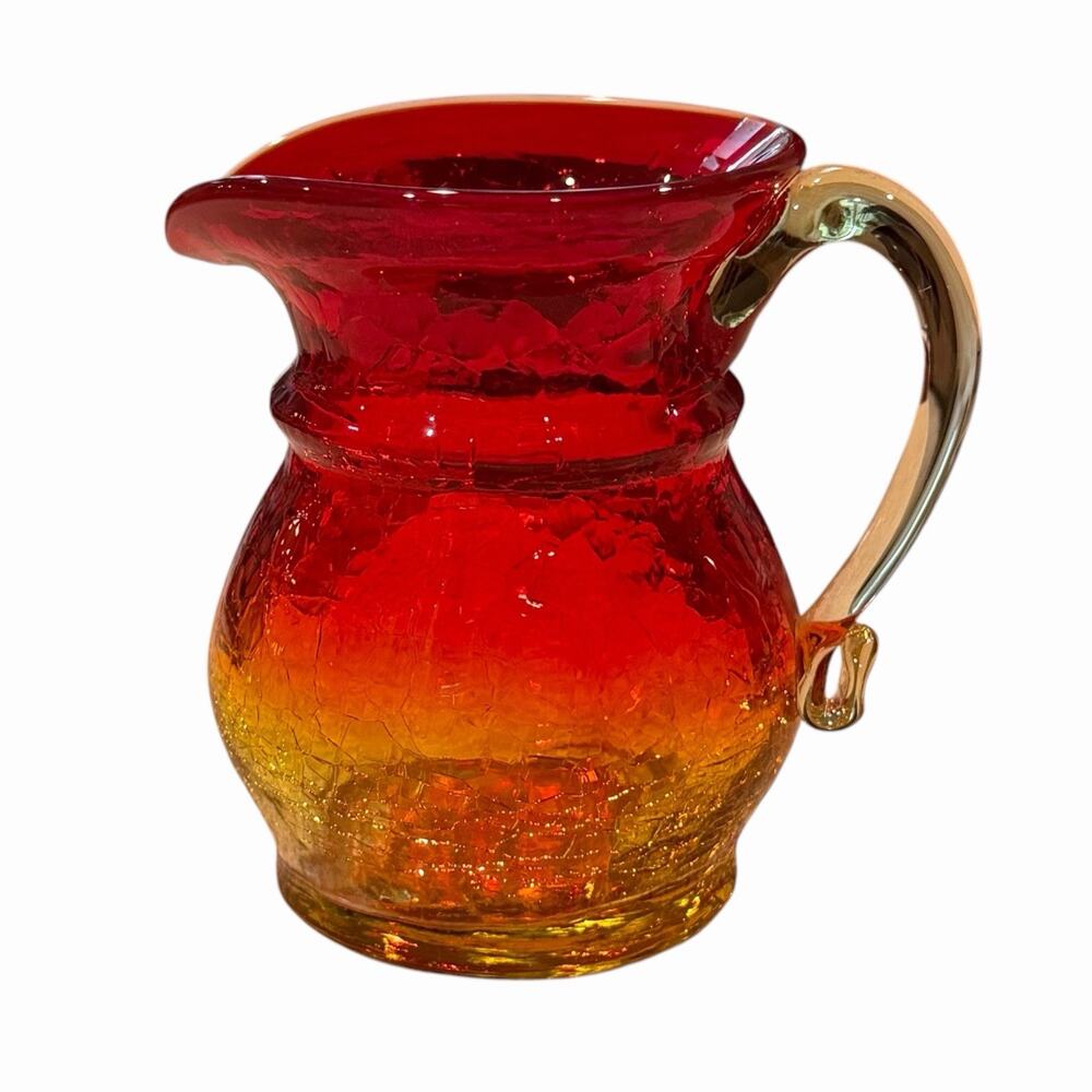 Vintage Amberina Tangerine Red Crackle Small Glass Pitcher 5” H UV Cadmium Glow